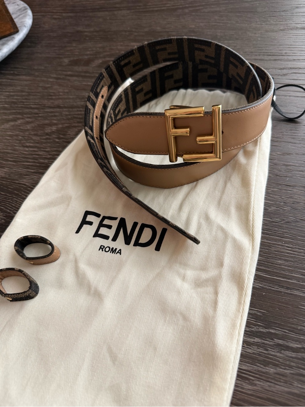 Fendi Reversible Brown beige FF Logo Leather Belt with Gold Buckle